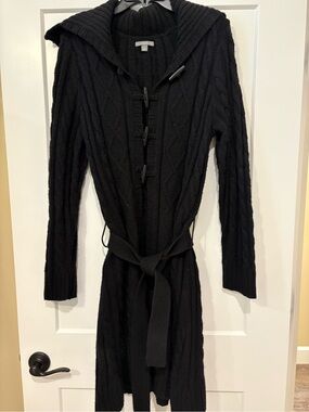 Apt 9 Black Cable Knit Hooded Sweater Coat Womens Large Toggle Front Belted